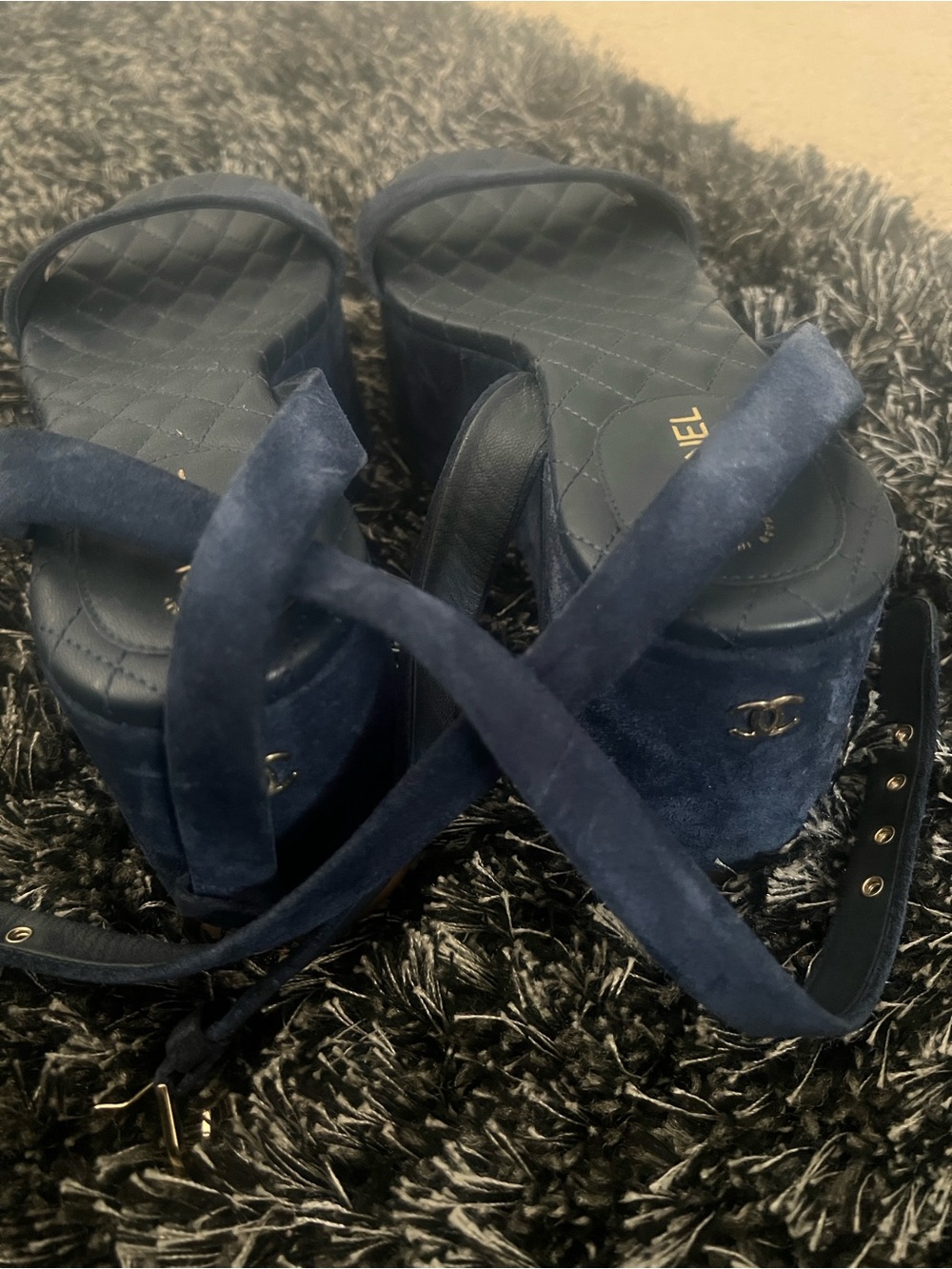 CHANEL Navy Suede Platform Heels with Gold CC Accent